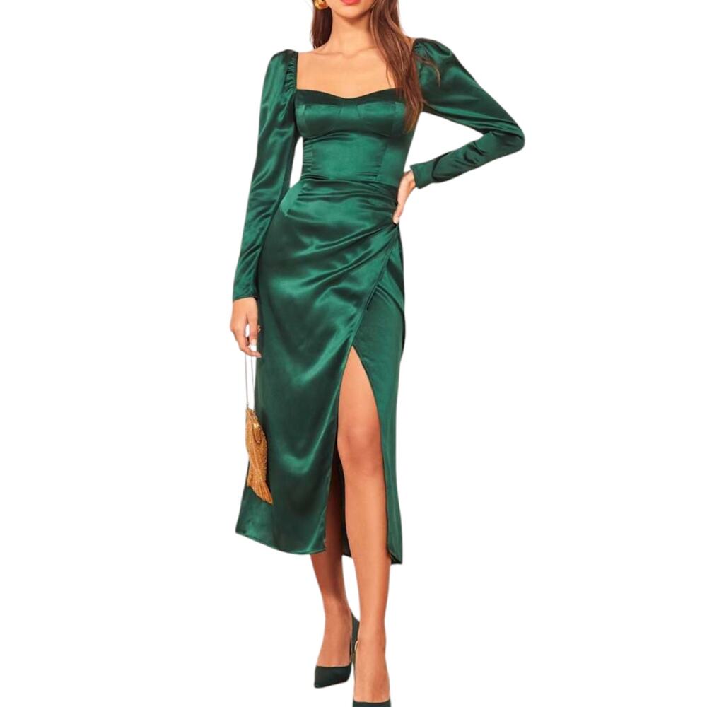 Reformation Rey Silk Dress Emerald Green Long Sleeve Midi Dress Size 6